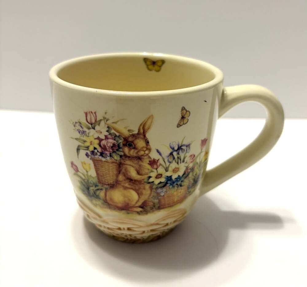 Cracker Barrel Easter Treasures Ceramic Mug w/ Bunny & Floral Basket Weave Base